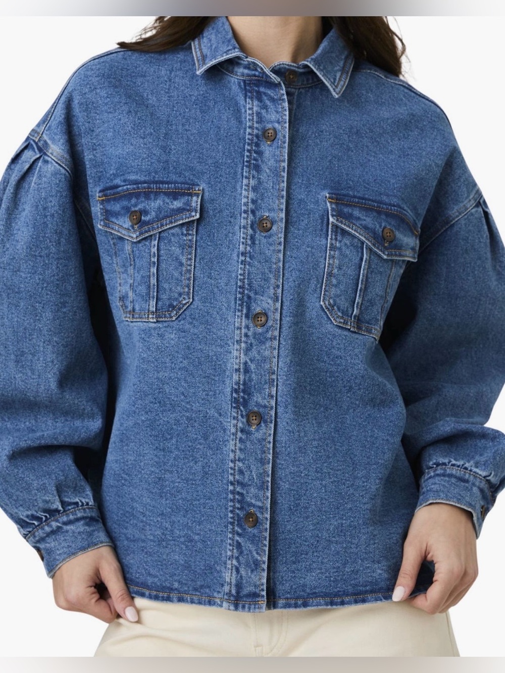 NEW FRENCH CONNECTION women's penelope denim puff sleeve shirt in blue